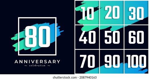 Set of Year Anniversary Celebration with Blue Brush and Square Symbol. Happy Anniversary Greeting Celebrates Event Isolated on Black Background