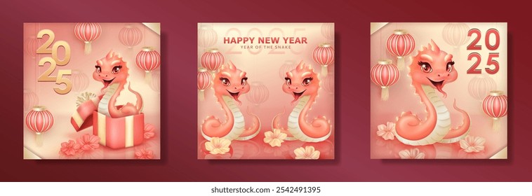 Set of Year of the Snake banners with cute 3d pink cartoon snake against a peach-colored background with festive Chinese lanterns and plum blossoms. Cheerful Lunar New Year square cards in Asian style