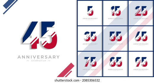 Set of Years Anniversary Celebration with White Slash in Red and Blue American Flag Color. Happy Anniversary Greeting Celebrates Event Isolated on White Background