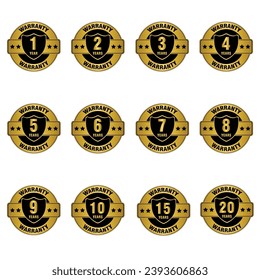 Set of years warranty seal golden labels, collection of year warranty gold badges	