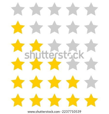 Set yellow 0-5 points rating stars for review icon on white background flat vector design.