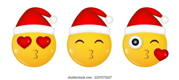 Set of yellow 3d icons of a smiling face. Christmas hat. Happy New Year. Air kiss