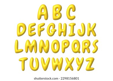 Set of yellow 3D letters icons. Cute metallic cartoon font with shiny bright highlights. 3d realistic design element. Vector illustration.