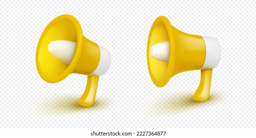 Set of yellow 3D megaphone isolated on transparent background, angle and side view png. Vector illustration of loudspeaker for making business, hr, breaking news announcement or sale advertising