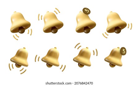 Set of yellow 3d notification bell icon set isolated on white background. 3d render ringing bell with new notification for social media reminder. Vector illustration 