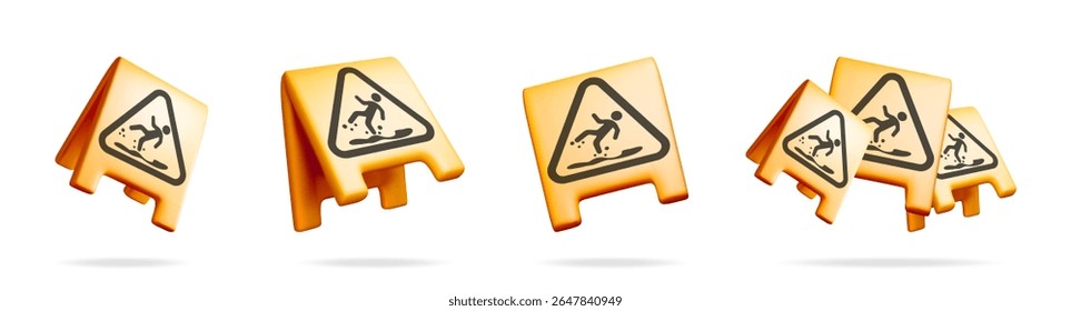 Conjunto de sinais amarelos de perigo de piso molhado 3d. Símbolo de aviso de segurança para prevenção de perigos Alerta de local de construção ou limpeza.