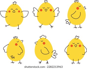 Set of yellow abstract chicks with red cheeks. Chicken in different poses