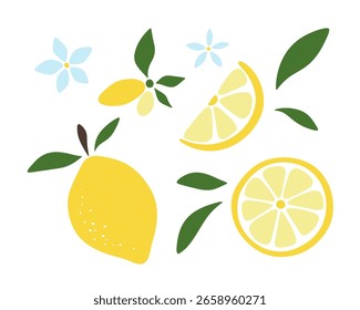 Um conjunto de silhuetas abstratas amarelas de diferentes formas de um limão inteiro com folhas e flores, fatias, design plano, vetor. Coleção de ícones, logotipo de citrinos, isolado no branco, cor 