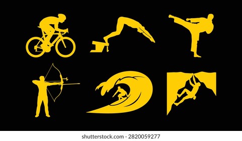 set of yellow action silhouettes illustrating various popular sports
