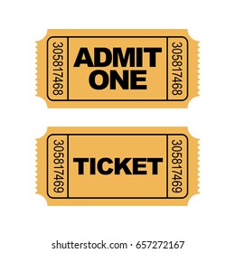 Set of yellow admit one movie ticket vector icons.