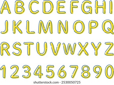 Conjunto de letras e números amarelos com linhas tracejadas azuis