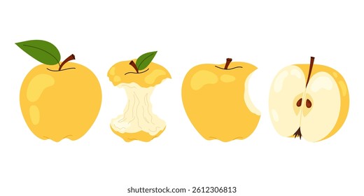 Set yellow apple. Ripe and bitten apple, an apple stump isolated on white background. For food, healthy lifestyle themes or school.