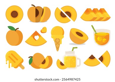 Set of Yellow Apricot, Farm fresh Apricot product emblem for grocery shop, collection of ice cream, Juice jar, glass of juice, ice cream cone and stick, simple flat vector illustration of fruits.