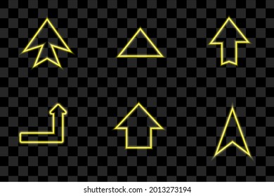 Conjunto de signos vectoriales aislados de la colección de efectos de neón de la luz de flecha amarilla