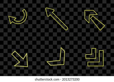 Conjunto de signos vectoriales aislados de la colección de efectos de neón de la luz de flecha amarilla