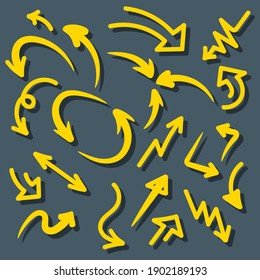 Set of yellow arrows. vector hand drawn arrows.