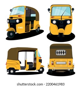 Set of yellow auto rickshaw illustrations in India.
