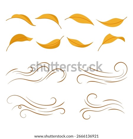 Set yellow autumn leaves of different shapes and abstract swirl wind lines. Autumn leaves. 