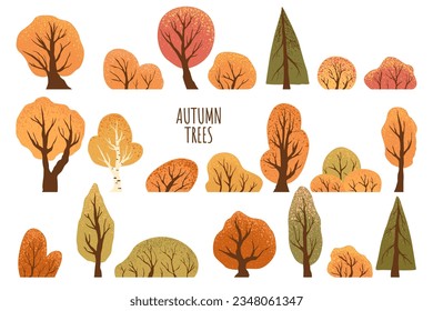 Set of yellow autumn trees and bushes. Maple, birch, oak, aspen, fir-tree and shrubs. Isolated on white background. Hand drawn vector park autumn tree. Fall vector illustration