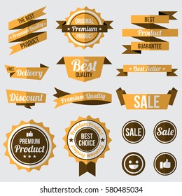 set of yellow badges , labels and ribbons. flat design concept. branding and sale decoration. vector illustration.