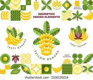Set of yellow banana design elements and logos in simple geometric style. Abstract shapes. Good for branding, decoration of food package, cover design, decorative print, background. Inspired Bauhaus.