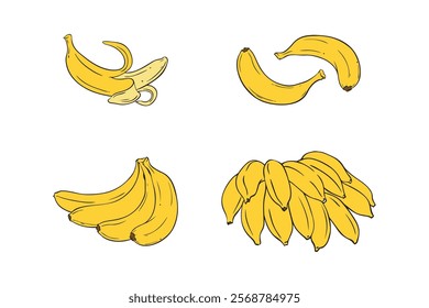 Set of yellow bananas, cartoon style