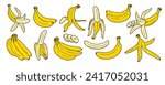 Set of yellow bananas flat isolated on white background. Cartoon style. Vector illustration