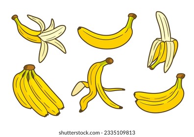 Set of yellow bananas flat isolated on white background. Cartoon style. Vector illustration