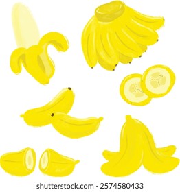 set yellow Bananas fruits slice ripe peel cut watercolor brush crayon illustration digital sticker clipart healthy diet organic