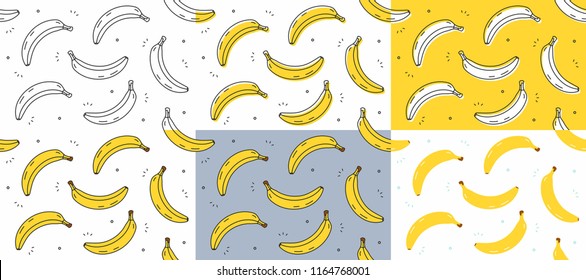 Set of yellow Bananas seamless pattern. Vector illustration