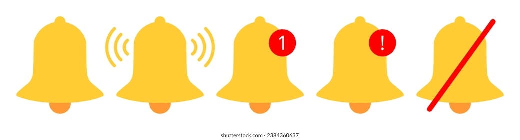 Set of yellow bell icons. Notification,  ringing bell. New message. Alarm off, muted mode. Exclamation point