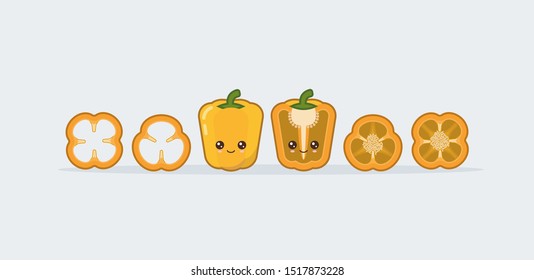 Set yellow bell pepper. Cute kawaii smiling food. Vector illustration