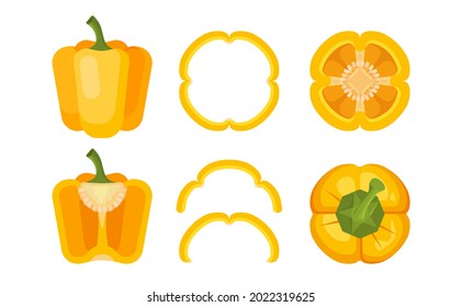 Set of yellow bell pepper or paprika in different forms. Whole, half, sliced paprika, paprika top view with flat round style isolated on white background