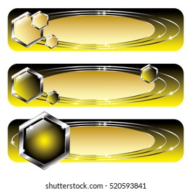 Set of yellow and black banners with silver elements, with space for your text. Vector illustration, on transparent background.