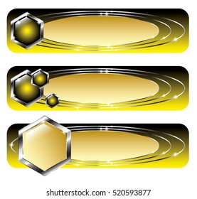Set of yellow and black banners with silver elements, with space for your text. Vector illustration, on transparent background.