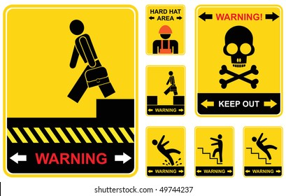 Set of yellow and black caution signs.