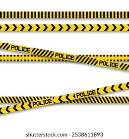 Set of yellow and black Caution Tape with the word "POLICE" printed on it. The Tape is arranged in a chaotic manner to create a sense of urgency and danger