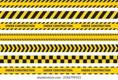 Set of yellow and black caution warning banner tape set for industrial safety, road, under construction, and hazard areas. vector illustration with a transparent background