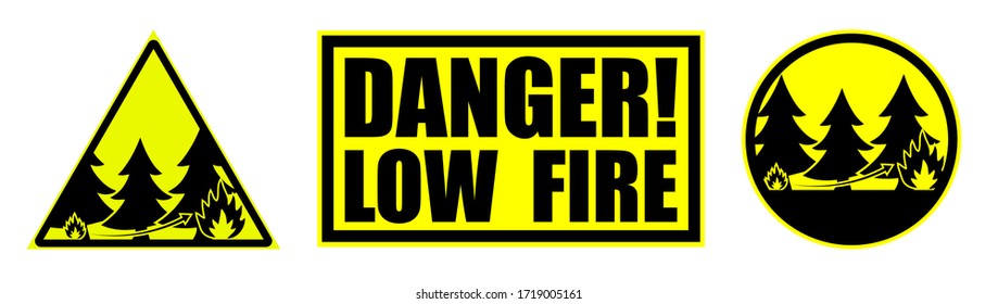 Set of yellow black danger signs, attention. Danger of starting a fire in the forest. Isolated vector