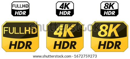 Set of yellow and black HDR icons. HD, 4k and 8k version