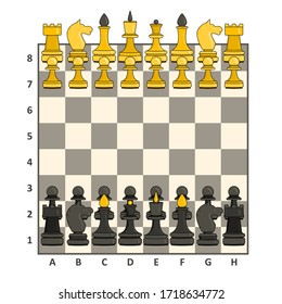 Set of yellow and black pieces placed on chessboard for playing chess. Vector illustration in cartoon style