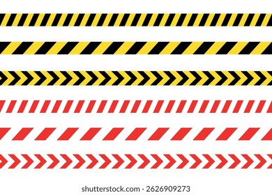 Set of yellow, black and red and white warning restriction or forbidden area tape, no entry, area under contruction, traffic accident, crime