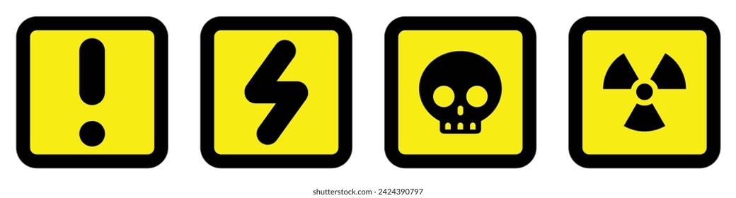 Conjunto amarillo negro cuadrado iconos radioactivo nuclear señal de alerta eléctrica voltaje advertencia símbolo de peligro de advertencia de peligro de peligro de tráfico vector diseño plano para sitio web móvil aislado blanco Fondo