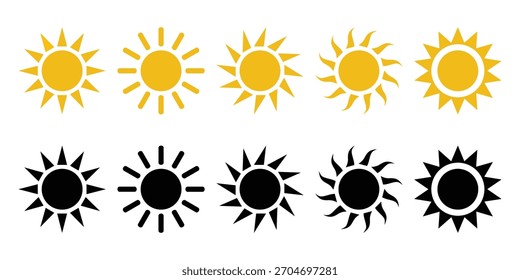 Set of yellow and black sun icons.	
