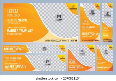 Conjunto de plantillas de banners web amarillos y negros, tamaños estándar de portada con espacio. Ilustración del vector