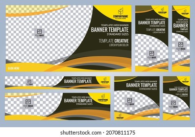 Conjunto de plantillas de banners web amarillos y negros, tamaños estándar de portada con espacio. Ilustración del vector