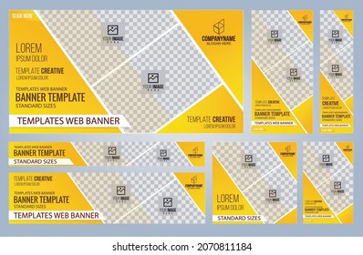 Conjunto de plantillas de banners web amarillos y negros, tamaños estándar de portada con espacio. Ilustración del vector