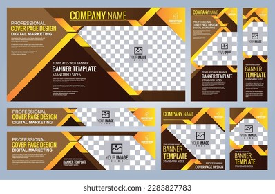 Conjunto de plantillas de banners web amarillos y negros, tamaños estándar de portada con espacio. Ilustración del vector
