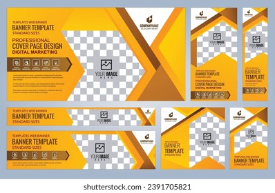 Set of Yellow and Black Web banners templates, Coverpage Standard sizes with space. Vector illustration