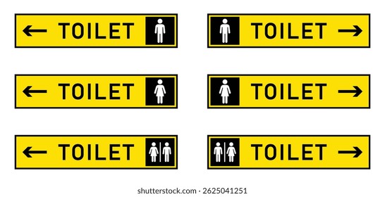 Set of yellow, black and white toilet signs with male, female, and unisex icons and directional arrows. Public spaces, airports, malls, and restrooms, wayfinding, or facility layout design.